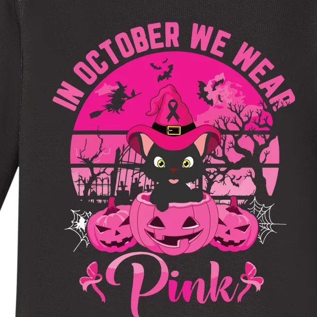 In October We Wear Pink Ribbon Cat Breast Cancer Halloween Baby Long Sleeve Bodysuit