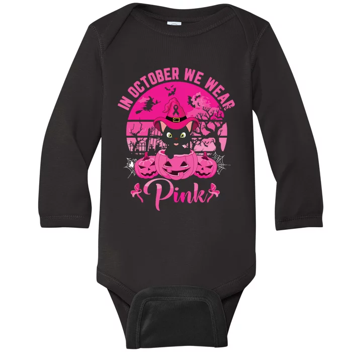 In October We Wear Pink Ribbon Cat Breast Cancer Halloween Baby Long Sleeve Bodysuit