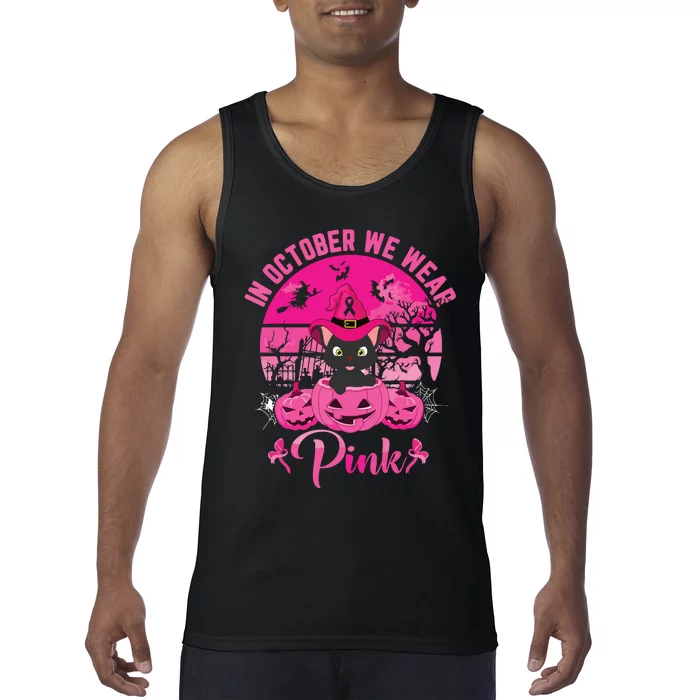 In October We Wear Pink Ribbon Cat Breast Cancer Halloween Tank Top