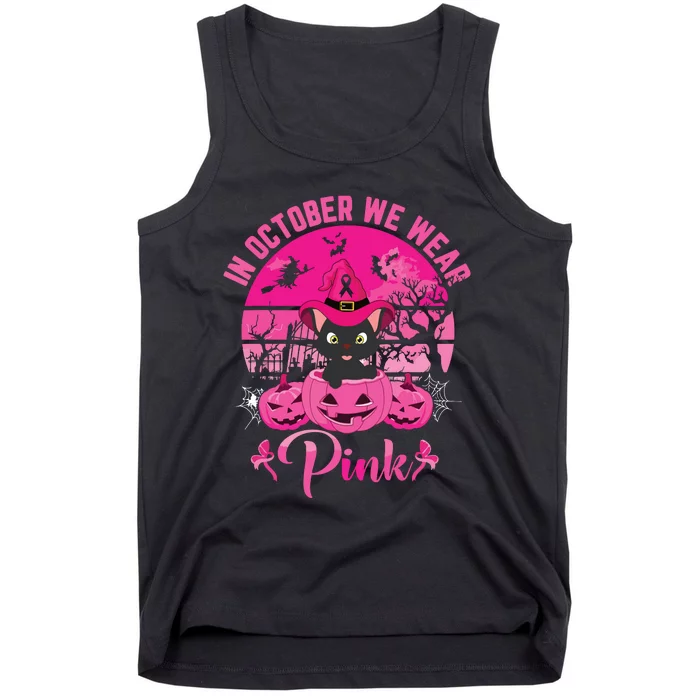 In October We Wear Pink Ribbon Cat Breast Cancer Halloween Tank Top