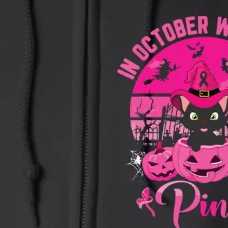 In October We Wear Pink Ribbon Cat Breast Cancer Halloween Full Zip Hoodie