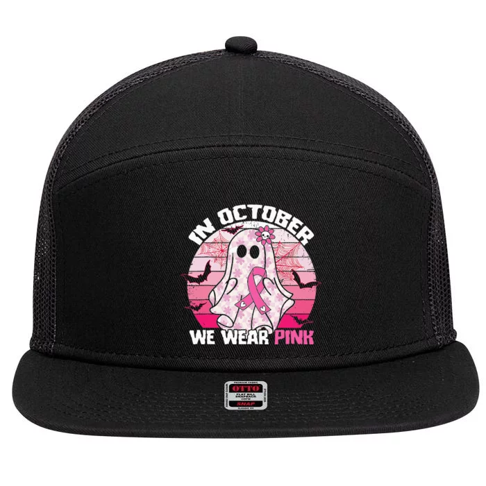 In October We Wear Pink Breast Cancer Ghost Halloween 7 Panel Mesh Trucker Snapback Hat