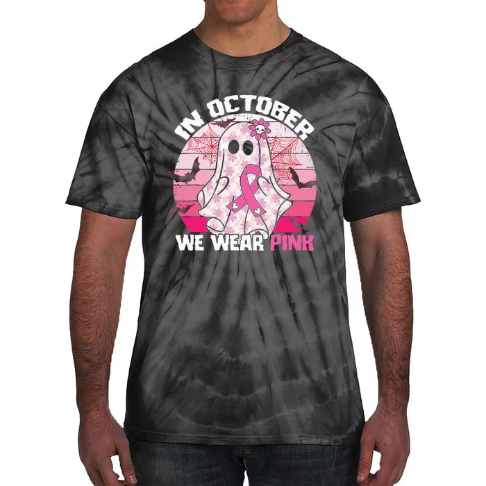 In October We Wear Pink Breast Cancer Ghost Halloween Tie-Dye T-Shirt