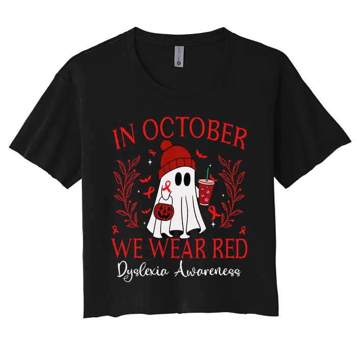 In October We Wear Red Ghost Halloween Dyslexia Awareness Women's Crop Top Tee