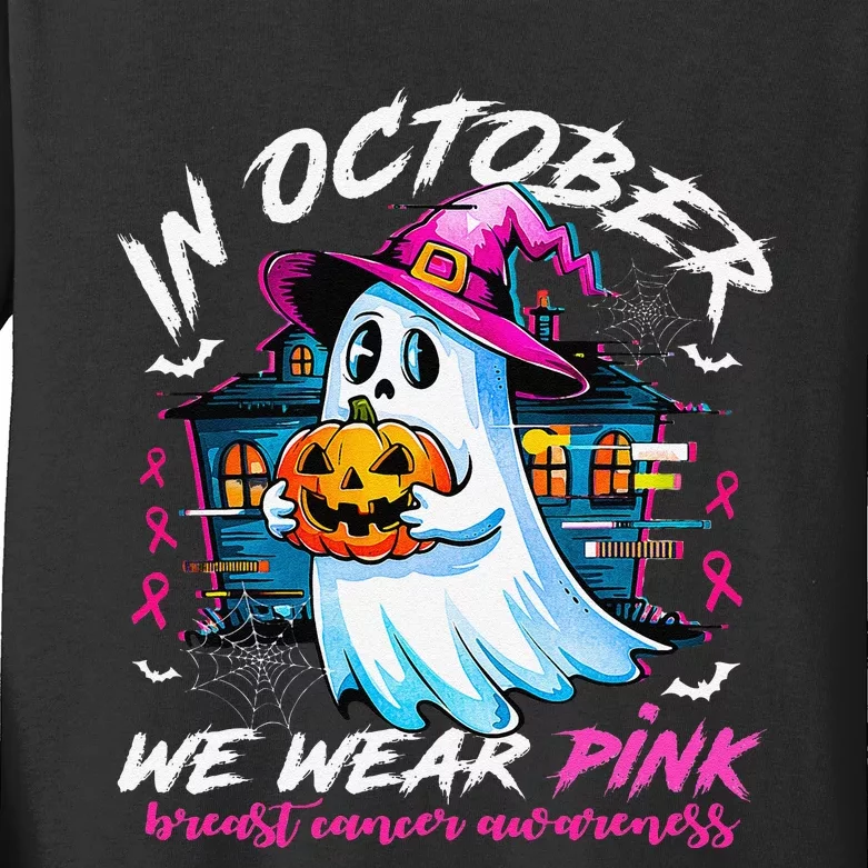 In October We Wear P.Ink With Ghost Breast Cancer Awareness Gift Kids Long Sleeve Shirt