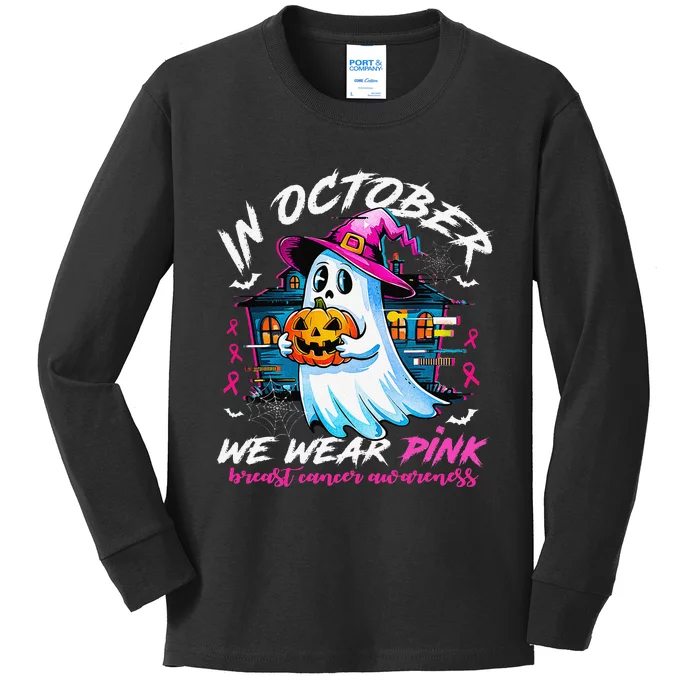 In October We Wear P.Ink With Ghost Breast Cancer Awareness Gift Kids Long Sleeve Shirt