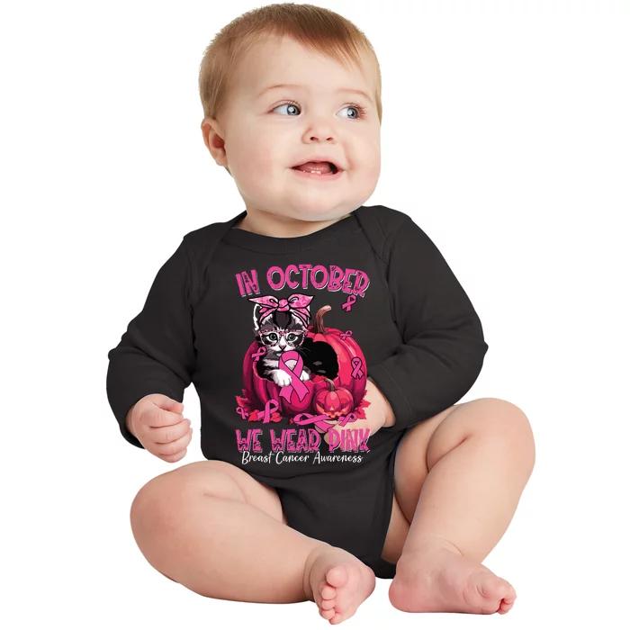 In October We Wear Cat Ribbon Breast Cancer Awareness Baby Long Sleeve Bodysuit