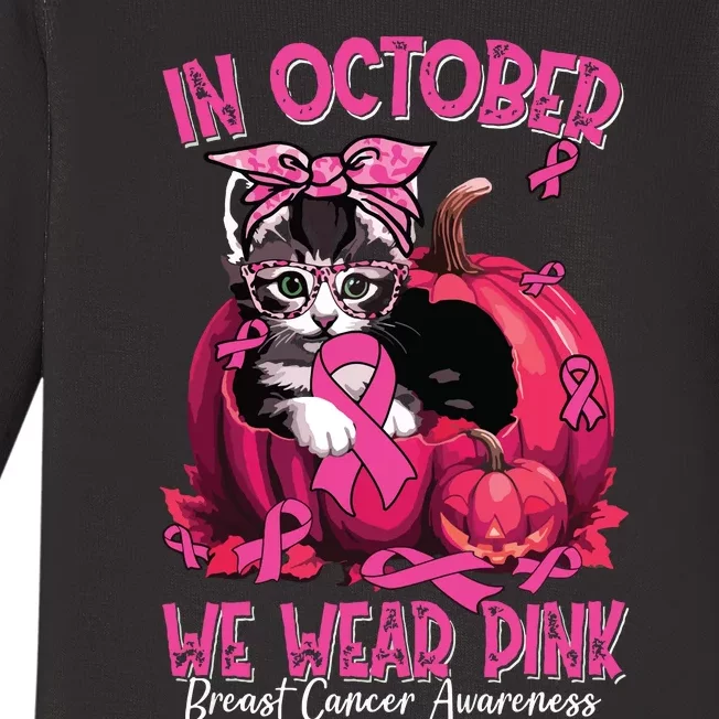 In October We Wear Cat Ribbon Breast Cancer Awareness Baby Long Sleeve Bodysuit