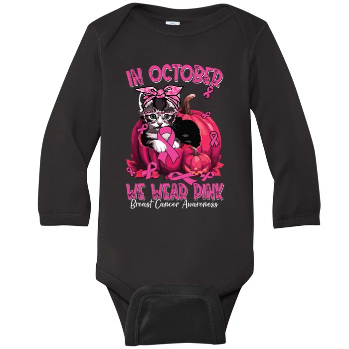 In October We Wear Cat Ribbon Breast Cancer Awareness Baby Long Sleeve Bodysuit