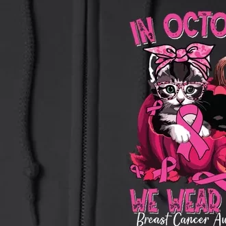 In October We Wear Cat Ribbon Breast Cancer Awareness Full Zip Hoodie