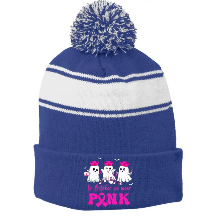 In October We Wear Pink Nurse Ghost Halloween Breast Cancer Stripe Pom Pom Beanie