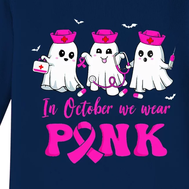 In October We Wear Pink Nurse Ghost Halloween Breast Cancer Baby Long Sleeve Bodysuit