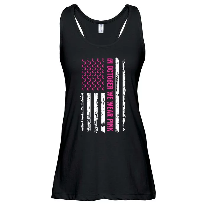 In October We Wear Pink Shirts Pink Ribbon Flag Breast Cancer Ladies Essential Flowy Tank