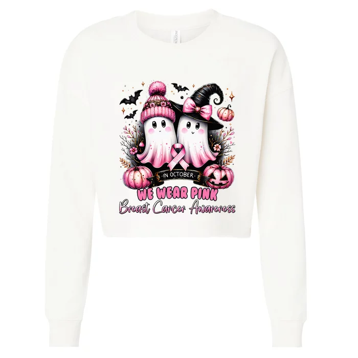 In October We Wear Ghost Witch Breast Cancer Awareness Cropped Pullover Crew