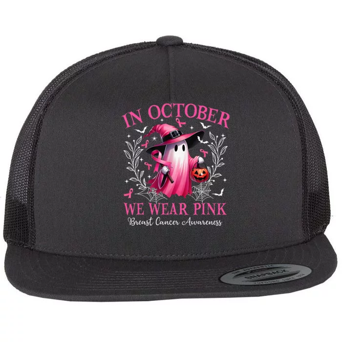 In October We Wear Ghost Witch Breast Cancer Awareness Flat Bill Trucker Hat