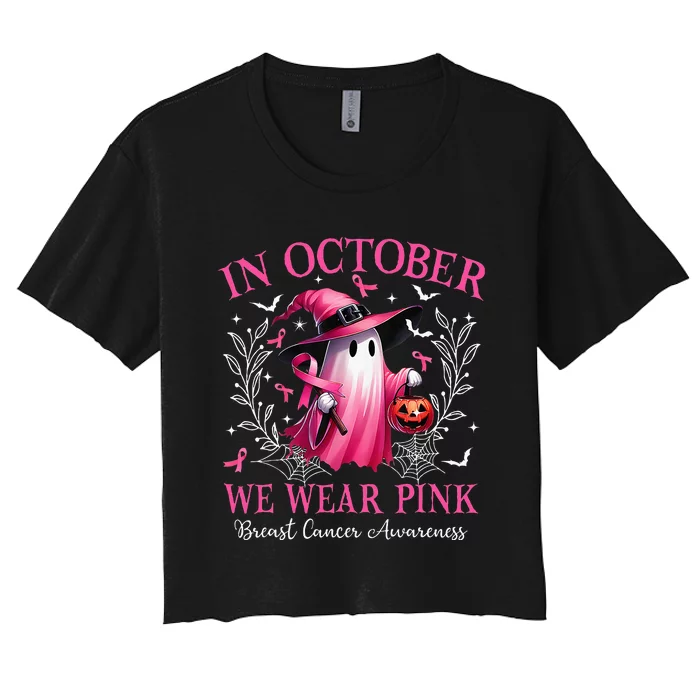 In October We Wear Ghost Witch Breast Cancer Awareness Women's Crop Top Tee