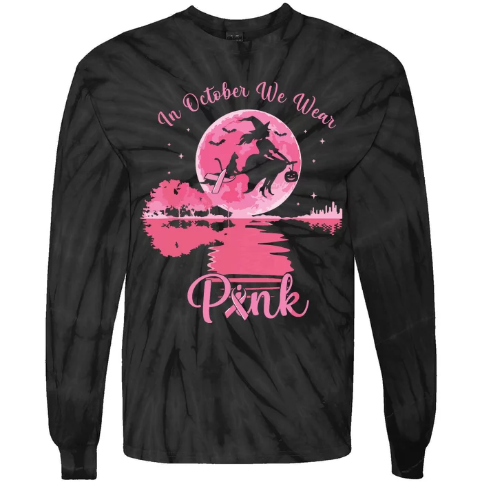 In October We Wear Witch Breast Cancer Halloween Tie-Dye Long Sleeve Shirt