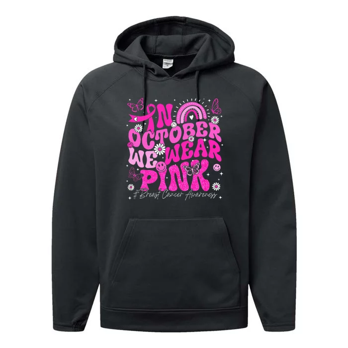 In October We Wear Pink Retro Groovy Breast Cancer Awareness Performance Fleece Hoodie