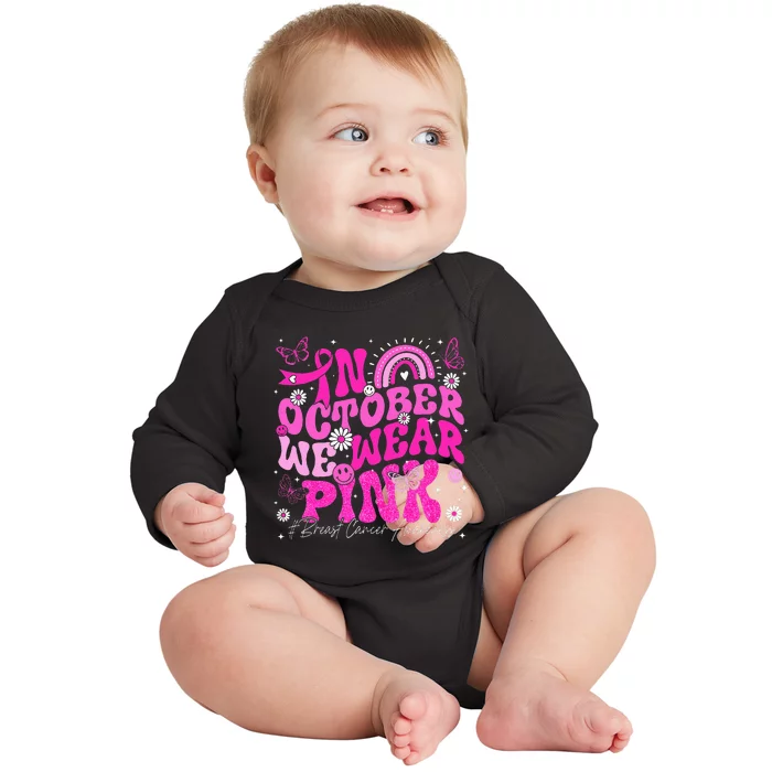 In October We Wear Pink Retro Groovy Breast Cancer Awareness Baby Long Sleeve Bodysuit