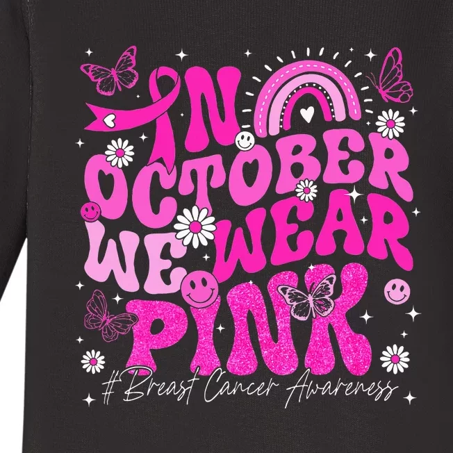 In October We Wear Pink Retro Groovy Breast Cancer Awareness Baby Long Sleeve Bodysuit