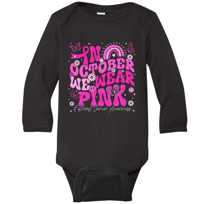 In October We Wear Pink Retro Groovy Breast Cancer Awareness Baby Long Sleeve Bodysuit