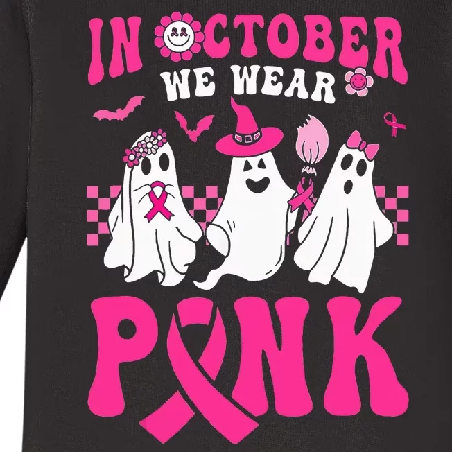 In October We Wear Pink Groovy Halloween Breast Cancer Warrior Baby Long Sleeve Bodysuit