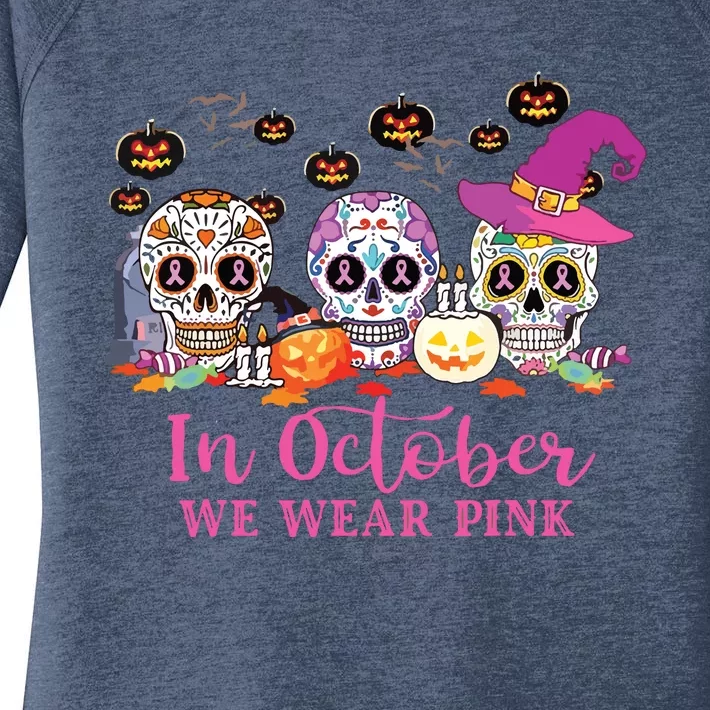 In October We Wear Pink Sugar Skull Breast Cancer Women's Perfect Tri Tunic Long Sleeve Shirt