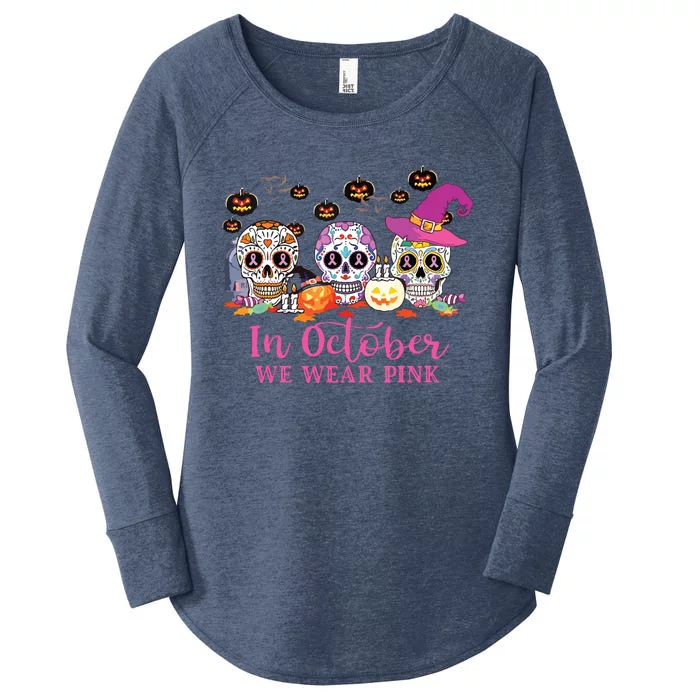 In October We Wear Pink Sugar Skull Breast Cancer Women's Perfect Tri Tunic Long Sleeve Shirt