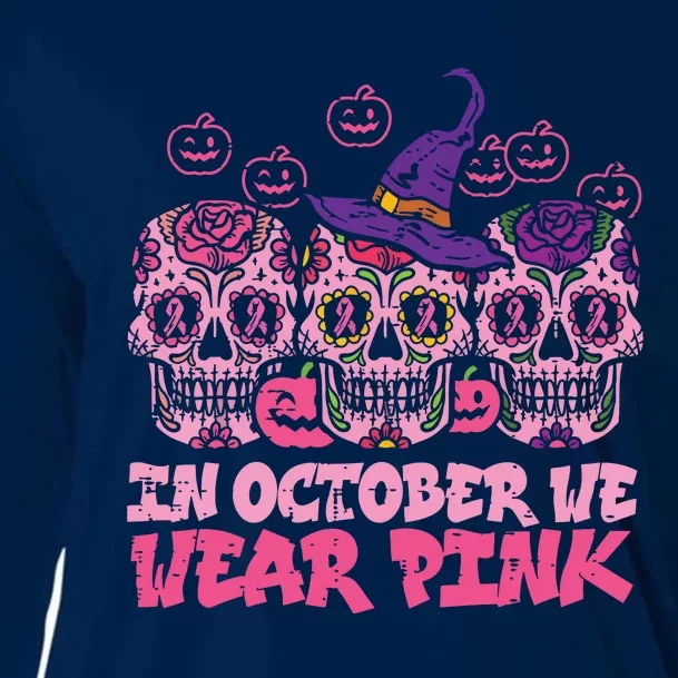 In October We Wear Pink Sugar Skull Halloween Breast Cancer Cooling Performance Long Sleeve Crew