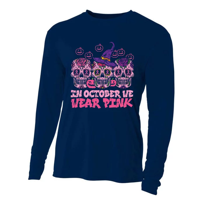 In October We Wear Pink Sugar Skull Halloween Breast Cancer Cooling Performance Long Sleeve Crew