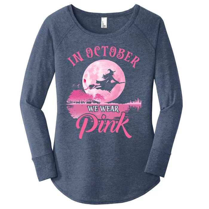 In October We Wear Pink Ribbon Witch Halloween Breast Cancer Women's Perfect Tri Tunic Long Sleeve Shirt