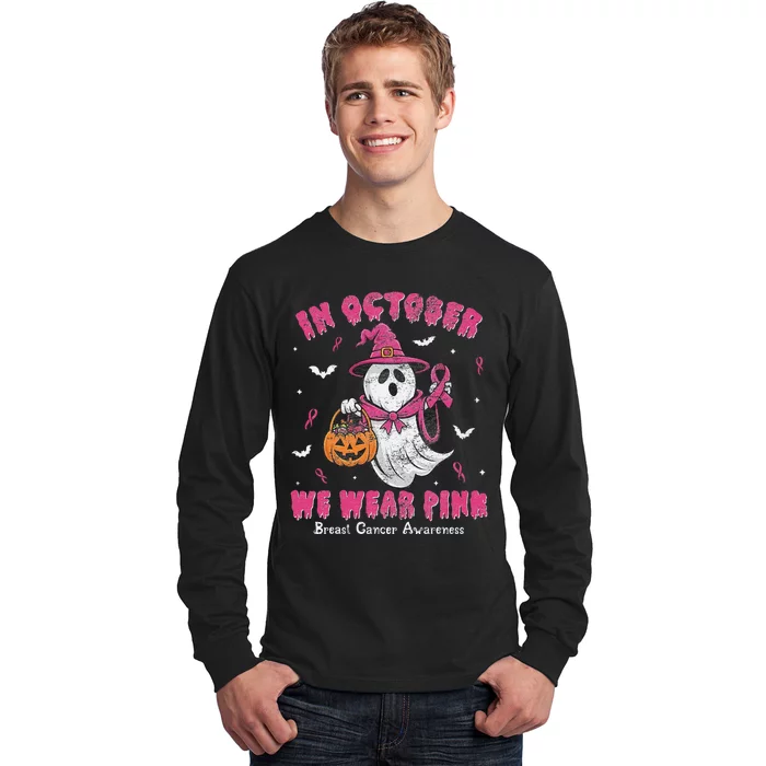 In October We Wear Pin.K Ghost Witch Breast Cancer Awareness Long Sleeve Shirt