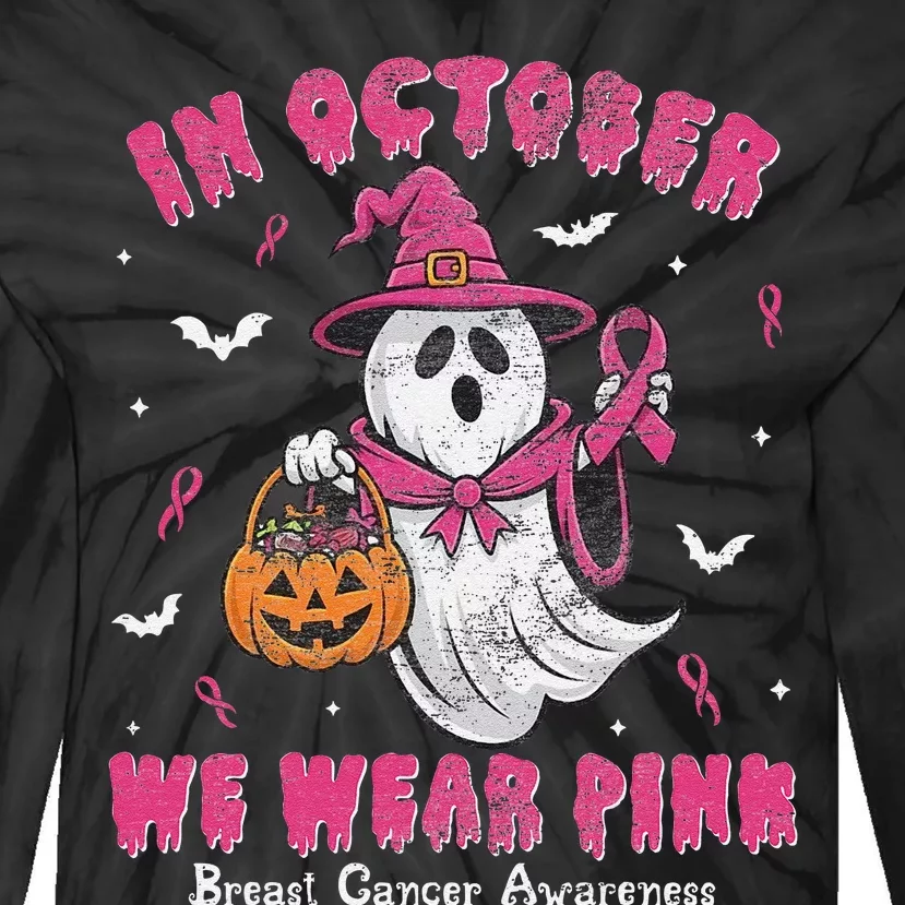 In October We Wear Pin.K Ghost Witch Breast Cancer Awareness Tie-Dye Long Sleeve Shirt