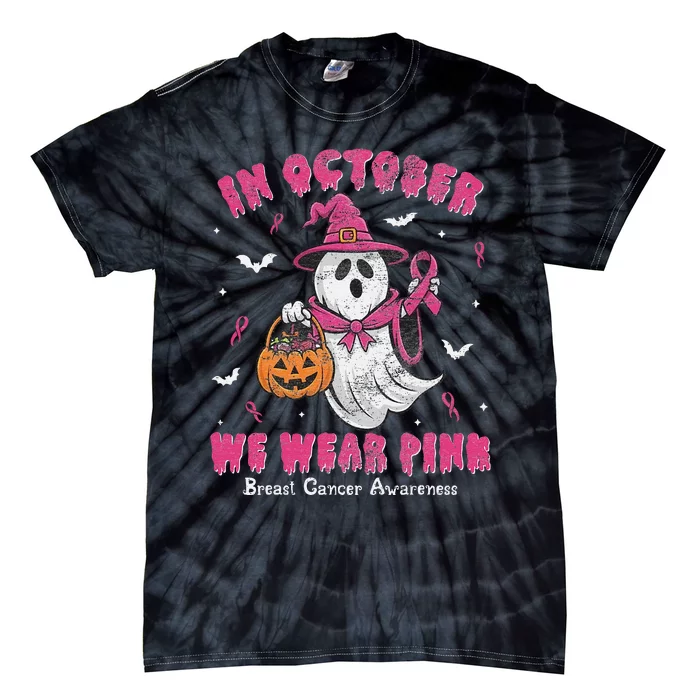 In October We Wear Pin.K Ghost Witch Breast Cancer Awareness Tie-Dye T-Shirt