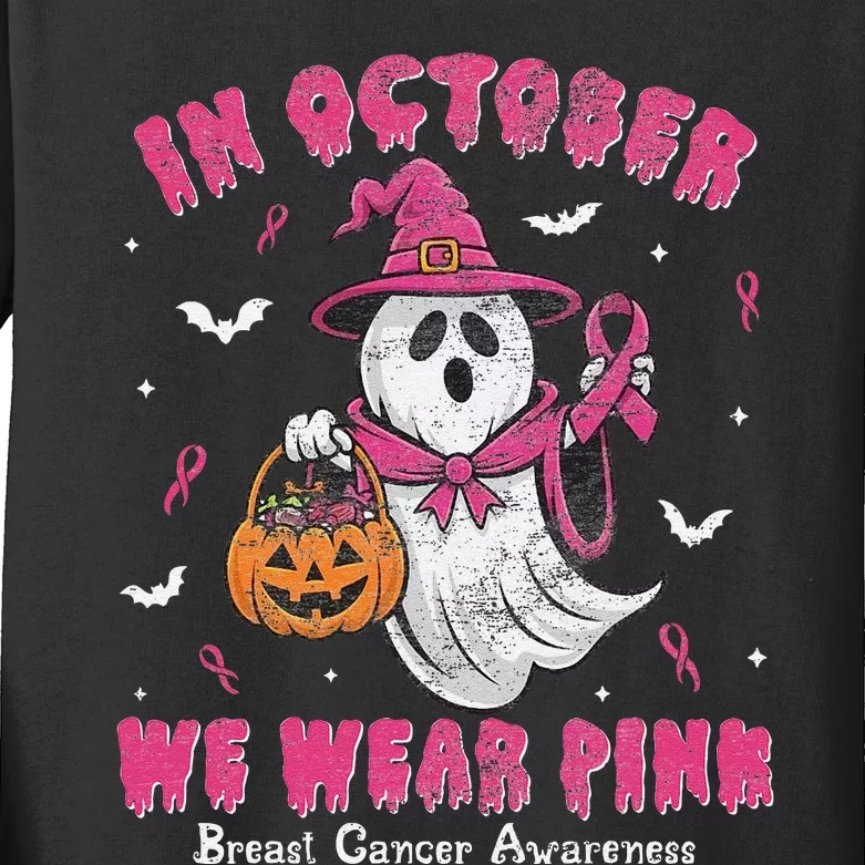 In October We Wear Pin.K Ghost Witch Breast Cancer Awareness Kids Long Sleeve Shirt