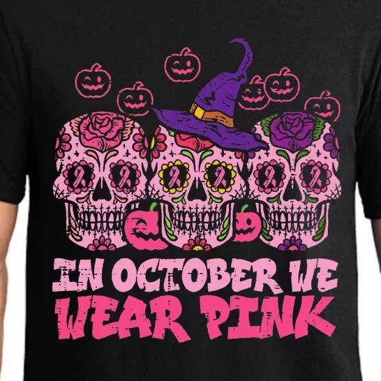 In October We Wear Pink Sugar Skull Halloween Breast Cancer Pajama Set