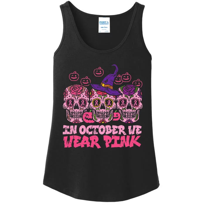 In October We Wear Pink Sugar Skull Halloween Breast Cancer Ladies Essential Tank