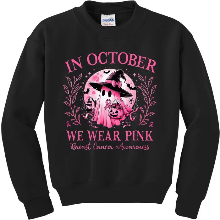 In October We Wear Ghost Witch Breast Cancer Halloween Kids Sweatshirt