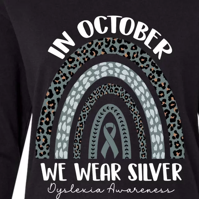 In October We Wear Silver Leopard Rainbow Dyslexia Awareness Womens Cotton Relaxed Long Sleeve T-Shirt