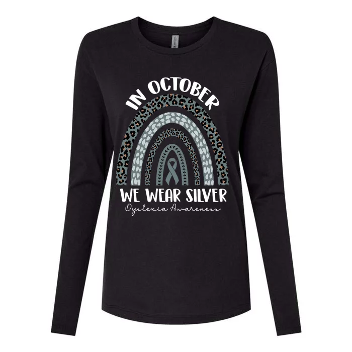 In October We Wear Silver Leopard Rainbow Dyslexia Awareness Womens Cotton Relaxed Long Sleeve T-Shirt