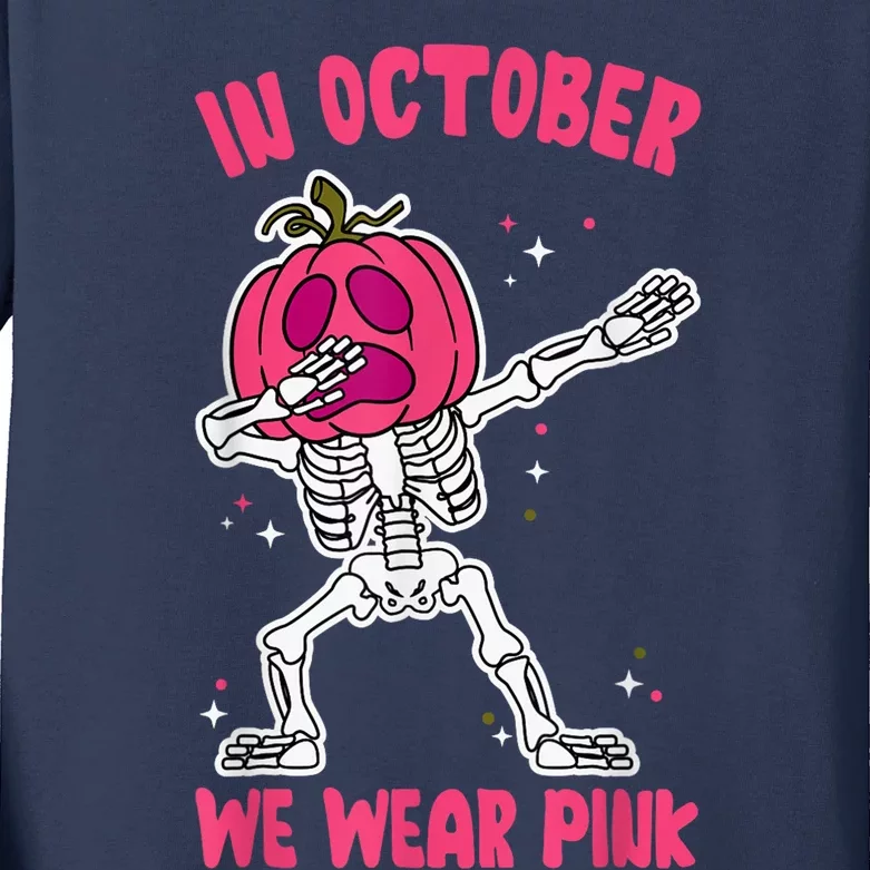 In October We Wear Pink Breast Cancer Pumpkin Halloween Kids Long Sleeve Shirt