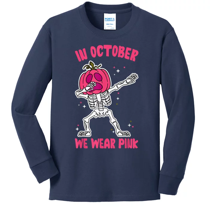 In October We Wear Pink Breast Cancer Pumpkin Halloween Kids Long Sleeve Shirt