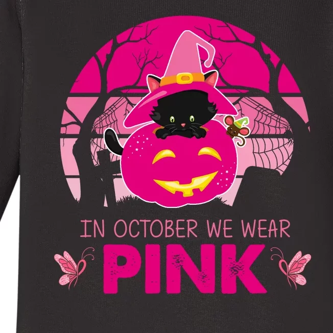 In October We Wear Pink Jack O Lantern Witch Cat Baby Long Sleeve Bodysuit