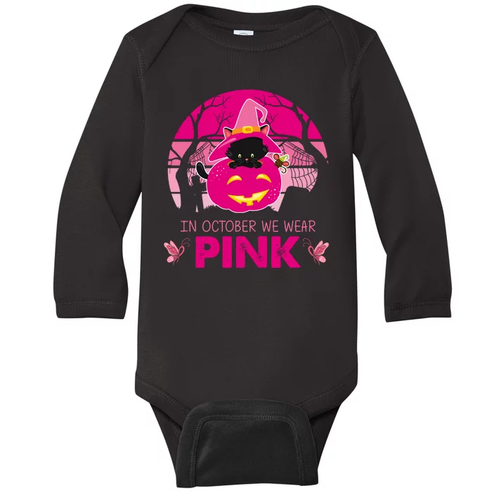 In October We Wear Pink Jack O Lantern Witch Cat Baby Long Sleeve Bodysuit