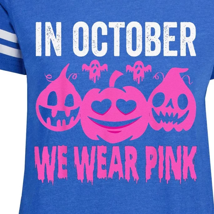 In October We Wear Pink Breast Cancer Pumpkin Halloween Enza Ladies Jersey Football T-Shirt