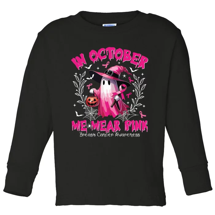 In October We Wear Ghost Witch Breast Cancer Awareness Toddler Long Sleeve Shirt