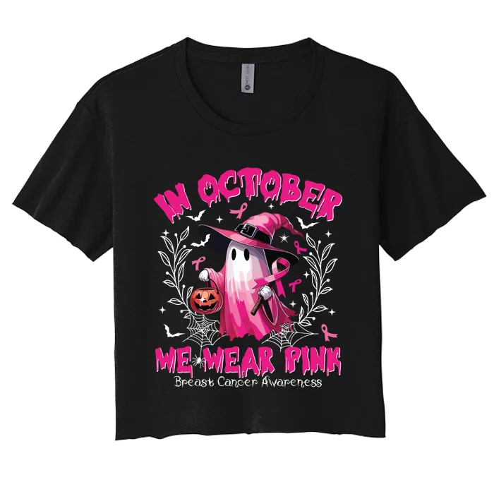 In October We Wear Ghost Witch Breast Cancer Awareness Women's Crop Top Tee