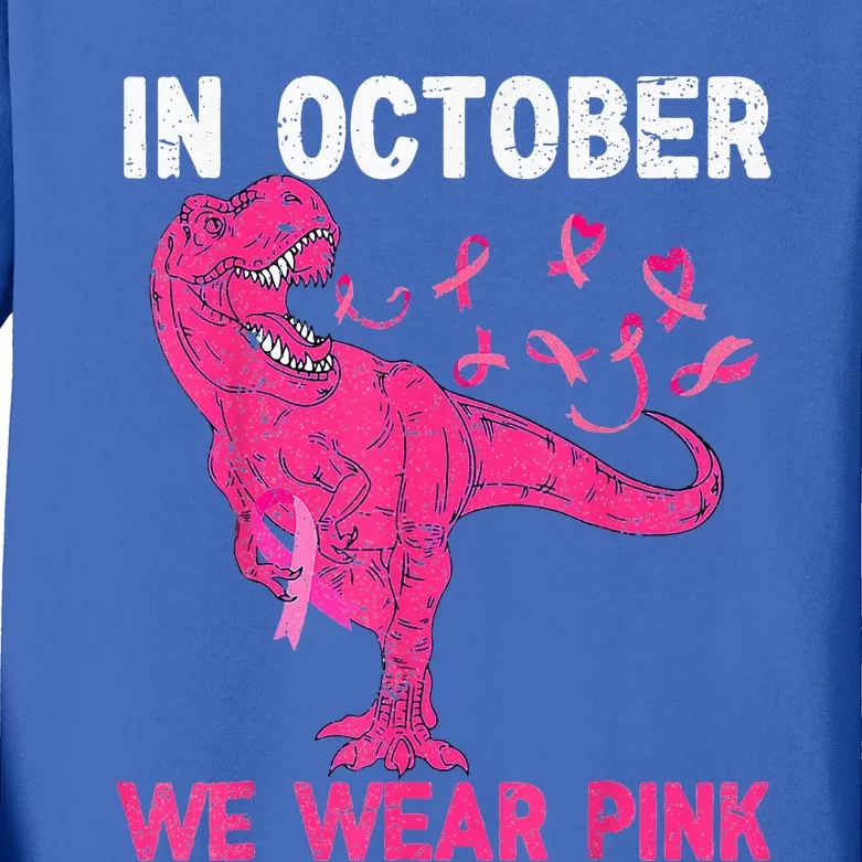 In October We Wear Pink Breast Cancer Trex Dino Kids Long Sleeve Shirt