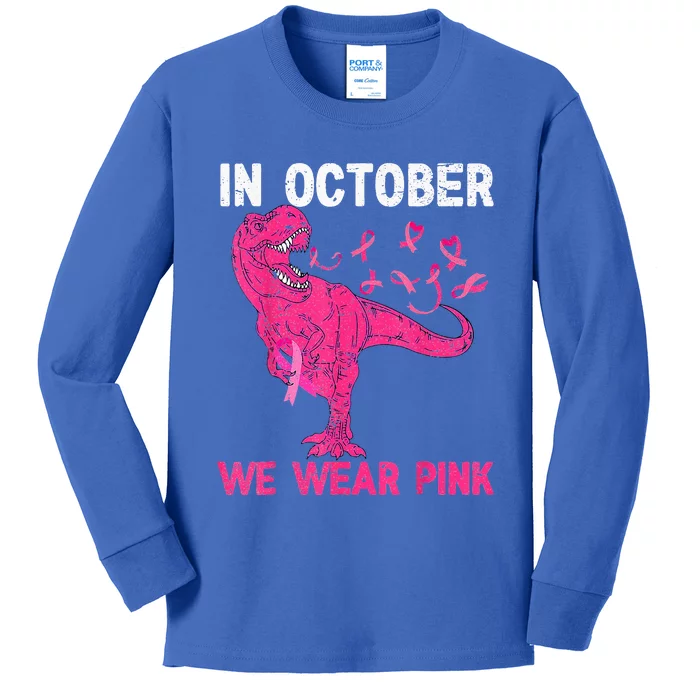 In October We Wear Pink Breast Cancer Trex Dino Kids Long Sleeve Shirt