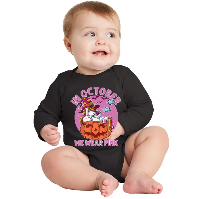 In October We Wear Pink Unicorn Breast Cancer Awareness Baby Long Sleeve Bodysuit